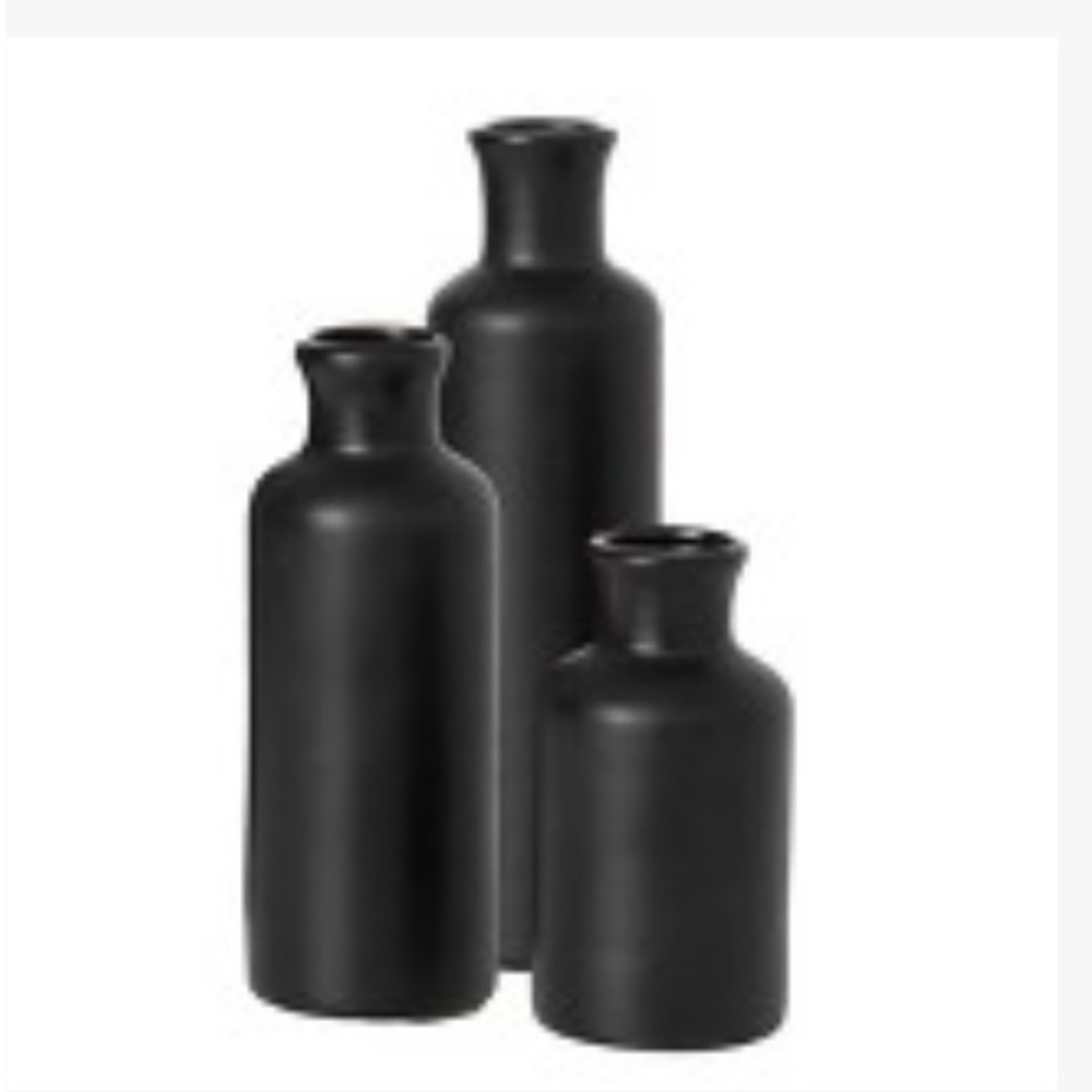 Sullivans matte black set of 3 small ceramic bottles vases. 5”H, 7.5”H and 10”#